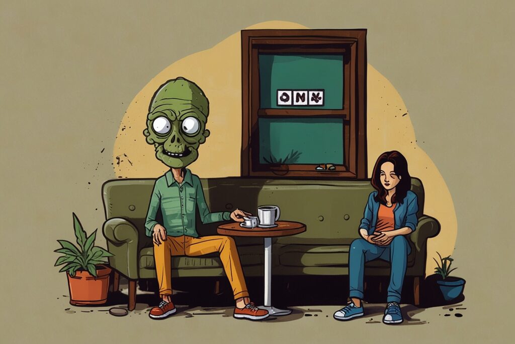 a cartoon of a man and a woman sitting on a couch, Edibles
