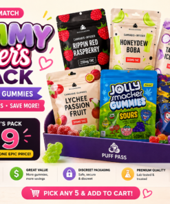 Gummy Lover's Pack – Pick Any 5 Gummies for $139 Looking for the ultimate edible bundle? The Gummy Lover's Pack from Puff Pass lets you choose any 5 premium gummy products for only $139, giving you the perfect opportunity to explore different flavors, brands, and THC strengths while saving more compared to purchasing individually. Whether you enjoy fruity flavors like Lychee Passionfruit, Honeydew Boba, Rippin Red Raspberry, or popular favorites like Jolly Smacker Gummies and Stoner Patch Gummies, this bundle allows you to mix and match your top picks into one convenient package. Why Choose the Gummy Lover's Pack? Choose any 5 gummy products from our collection Save money compared to buying individually Great variety of flavors and THC strengths Perfect for experienced edible consumers Fast and discreet cannabis delivery Available for same-day delivery in Guelph, Fergus, Elora, Kitchener, Waterloo, and Cambridge Perfect for Edible Fans The Gummy Lover's Pack is designed for customers who love variety and value. Instead of committing to a single flavor, you can build your own custom bundle and enjoy multiple experiences in one order. From sweet and fruity to sour and tangy, there's something for every gummy lover. Same-Day Cannabis Delivery Combo Gummy Lover's Pack – $139 Special Bundle Price: $139 Choose Any 5 Gummies and Save More!