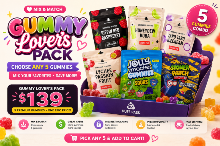 Gummy Lover's Pack – Pick Any 5 Gummies for $139 Looking for the ultimate edible bundle? The Gummy Lover's Pack from Puff Pass lets you choose any 5 premium gummy products for only $139, giving you the perfect opportunity to explore different flavors, brands, and THC strengths while saving more compared to purchasing individually. Whether you enjoy fruity flavors like Lychee Passionfruit, Honeydew Boba, Rippin Red Raspberry, or popular favorites like Jolly Smacker Gummies and Stoner Patch Gummies, this bundle allows you to mix and match your top picks into one convenient package. Why Choose the Gummy Lover's Pack? Choose any 5 gummy products from our collection Save money compared to buying individually Great variety of flavors and THC strengths Perfect for experienced edible consumers Fast and discreet cannabis delivery Available for same-day delivery in Guelph, Fergus, Elora, Kitchener, Waterloo, and Cambridge Perfect for Edible Fans The Gummy Lover's Pack is designed for customers who love variety and value. Instead of committing to a single flavor, you can build your own custom bundle and enjoy multiple experiences in one order. From sweet and fruity to sour and tangy, there's something for every gummy lover. Same-Day Cannabis Delivery Combo Gummy Lover's Pack – $139 Special Bundle Price: $139 Choose Any 5 Gummies and Save More!